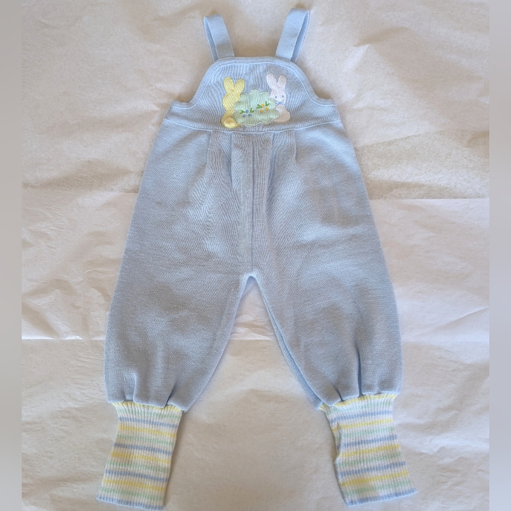 Vintage Baby Blue Knit Overalls Easter Bunny Applique pastel Size 12 Months